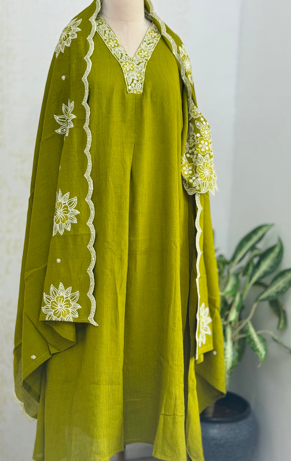 Pure Cotton Striped Embroidered Kurti Set