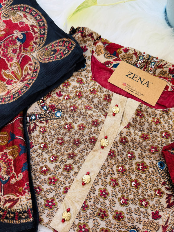 ✨ Pure Crepe Embroidered Mirror Work Kurti Set