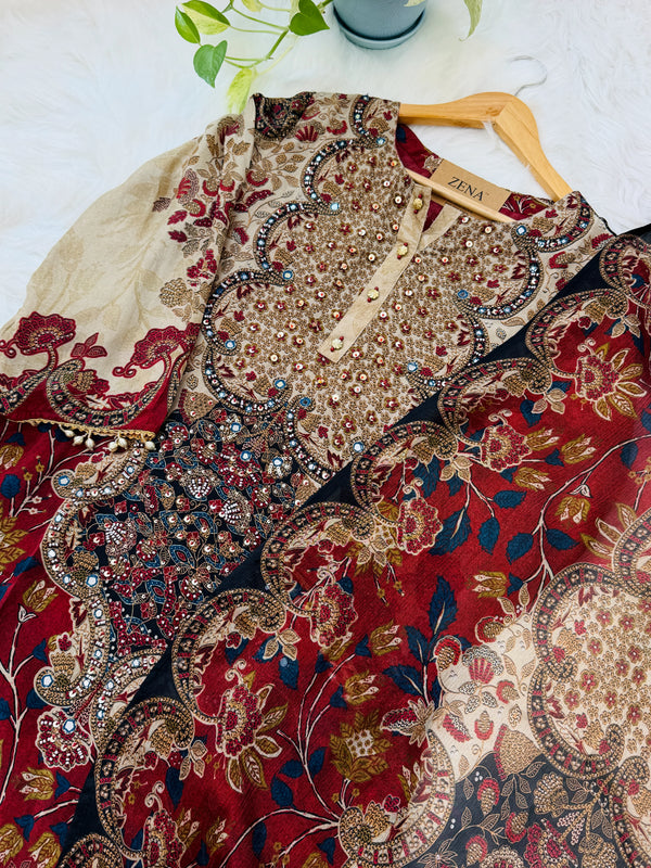 ✨ Pure Crepe Embroidered Mirror Work Kurti Set
