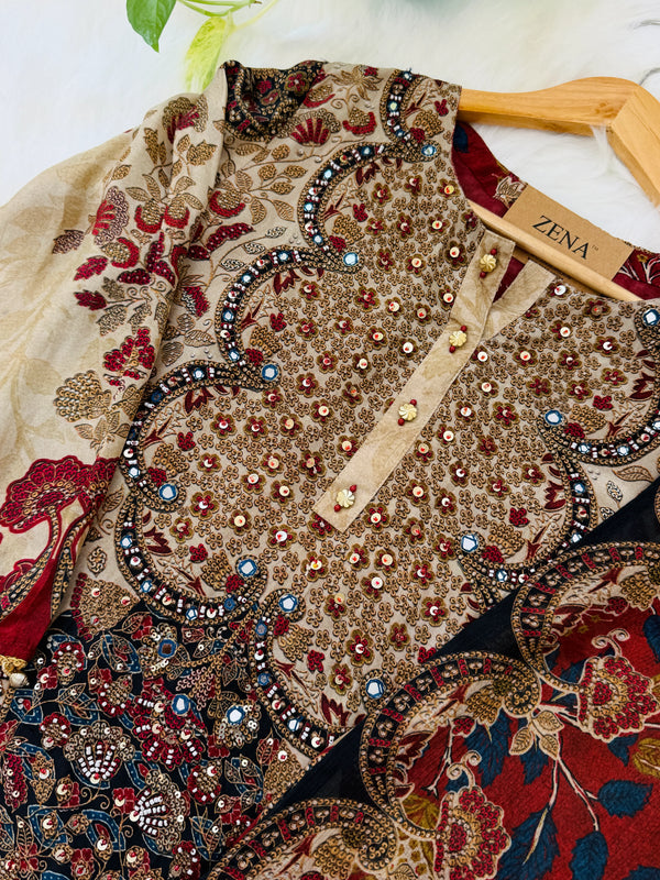 ✨ Pure Crepe Embroidered Mirror Work Kurti Set