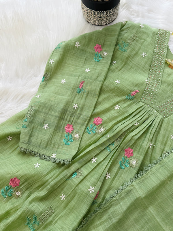 ✨ Mul Chanderi Embroidery Work Anarkali Set