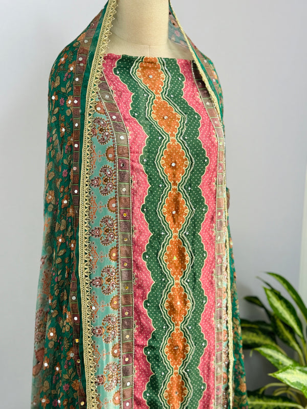 Unstitched Crêpe Mirror Work Partywear Suit – Elegant Festive Wear