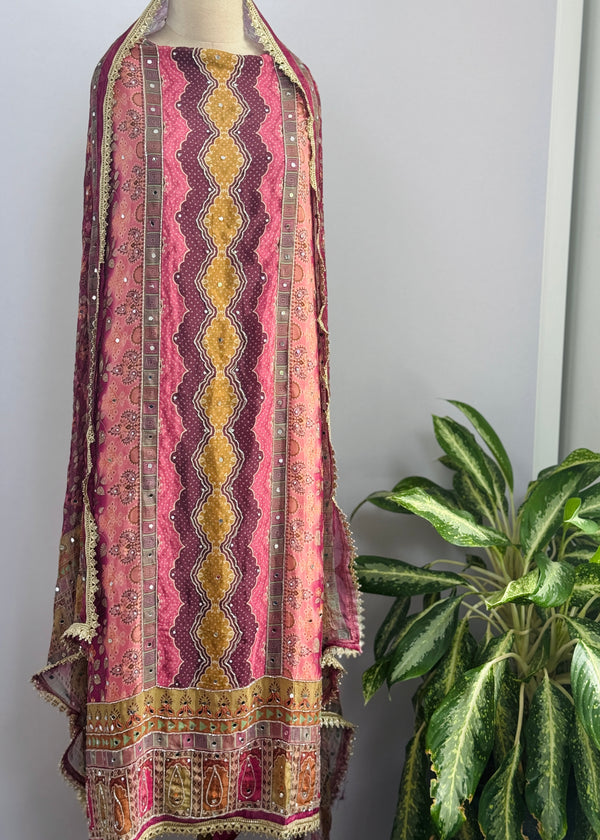 Unstitched Crêpe Mirror Work Partywear Suit – Elegant Festive Wear