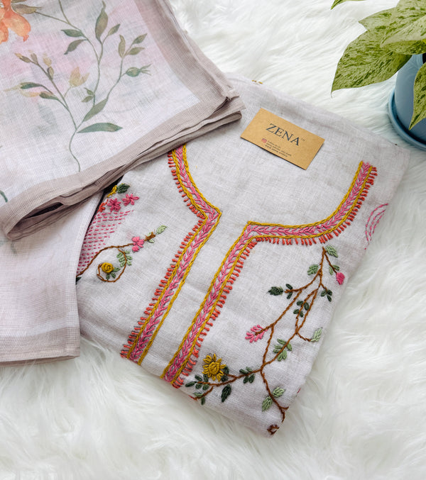 ✨ Linen Silk Hand-Embroidered Unstitched Suit with Kota Doria Dupatta ✨