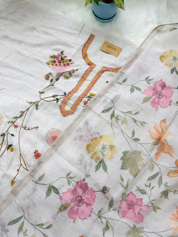✨ Linen Silk Hand-Embroidered Unstitched Suit with Kota Doria Dupatta ✨