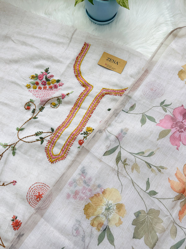 ✨ Linen Silk Hand-Embroidered Unstitched Suit with Kota Doria Dupatta ✨