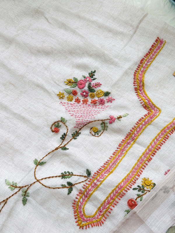 ✨ Linen Silk Hand-Embroidered Unstitched Suit with Kota Doria Dupatta ✨