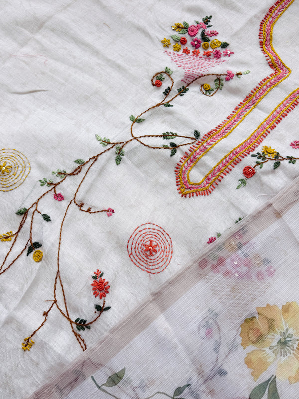 ✨ Linen Silk Hand-Embroidered Unstitched Suit with Kota Doria Dupatta ✨