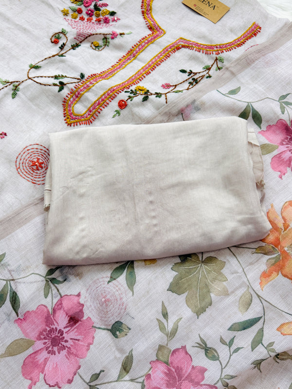 ✨ Linen Silk Hand-Embroidered Unstitched Suit with Kota Doria Dupatta ✨