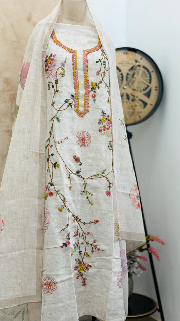 ✨ Linen Silk Hand-Embroidered Unstitched Suit with Kota Doria Dupatta ✨