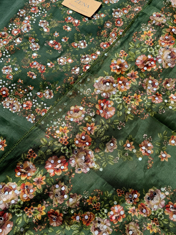 Unstitched Organza Digital Printed Suit with Original Mirror Work – Festive Beauty