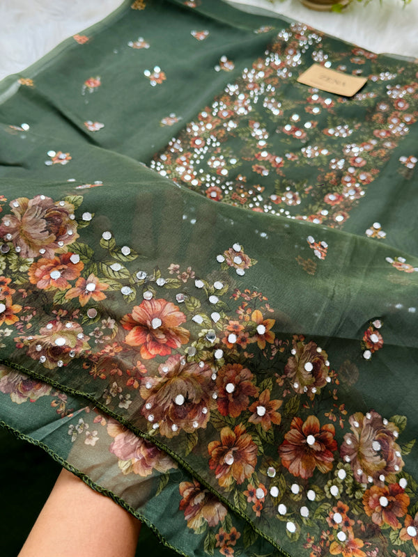 Unstitched Organza Digital Printed Suit with Original Mirror Work – Festive Beauty