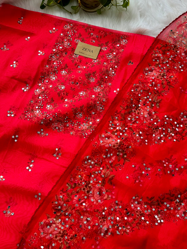 Unstitched Organza Digital Printed Suit with Original Mirror Work – Festive Beauty