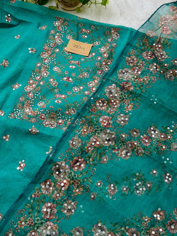 Unstitched Organza Digital Printed Suit with Original Mirror Work – Festive Beauty
