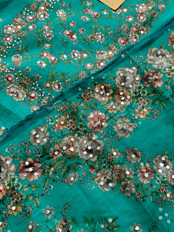 Unstitched Organza Digital Printed Suit with Original Mirror Work – Festive Beauty