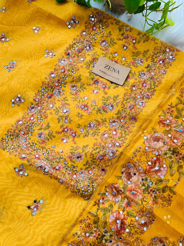 Unstitched Organza Digital Printed Suit with Original Mirror Work – Festive Beauty