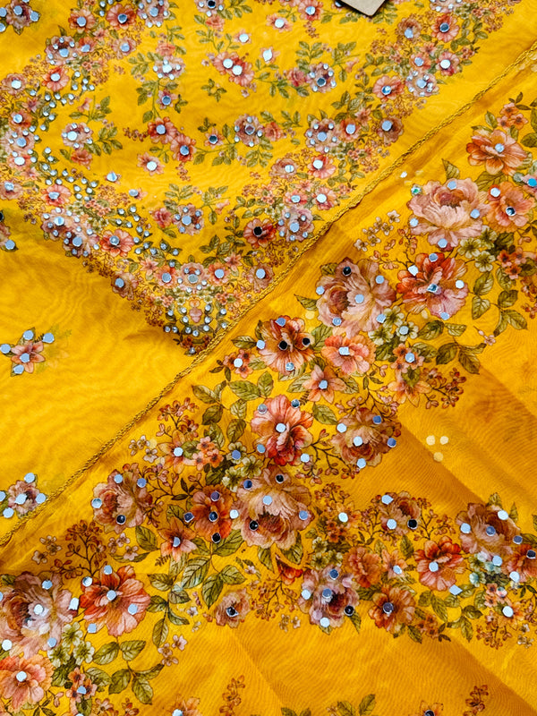 Unstitched Organza Digital Printed Suit with Original Mirror Work – Festive Beauty