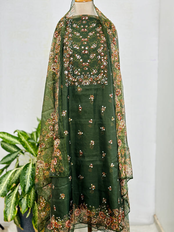 Unstitched Organza Digital Printed Suit with Original Mirror Work – Festive Beauty