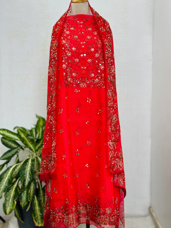 Unstitched Organza Digital Printed Suit with Original Mirror Work – Festive Beauty