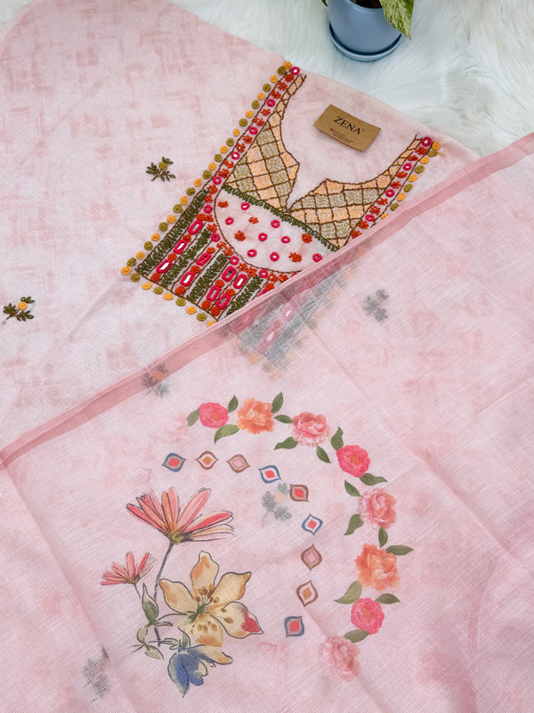 ✨ Linen Silk Hand-Embroidered Unstitched Suit with Kota Doria Dupatta ✨