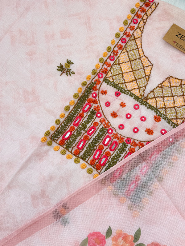 ✨ Linen Silk Hand-Embroidered Unstitched Suit with Kota Doria Dupatta ✨