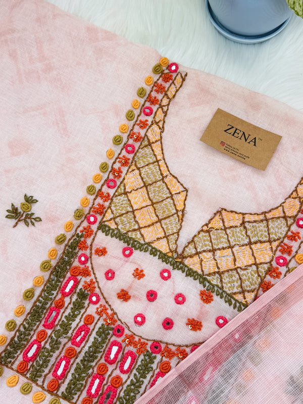 ✨ Linen Silk Hand-Embroidered Unstitched Suit with Kota Doria Dupatta ✨