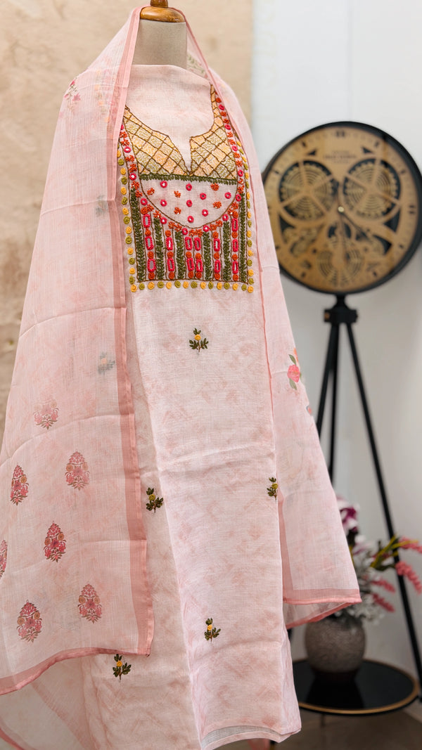 ✨ Linen Silk Hand-Embroidered Unstitched Suit with Kota Doria Dupatta ✨