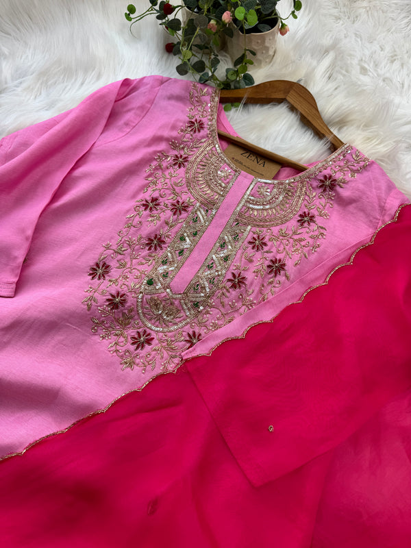 ✨ Pure Dola Silk Handwork Party Wear Suit with Organza Dupatta ✨