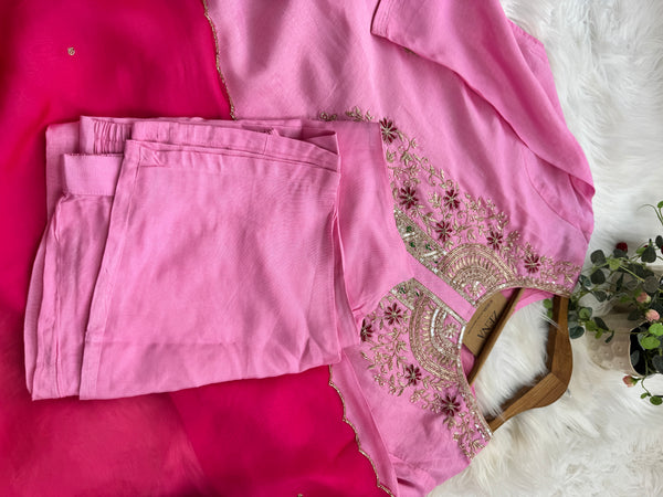 ✨ Pure Dola Silk Handwork Party Wear Suit with Organza Dupatta ✨
