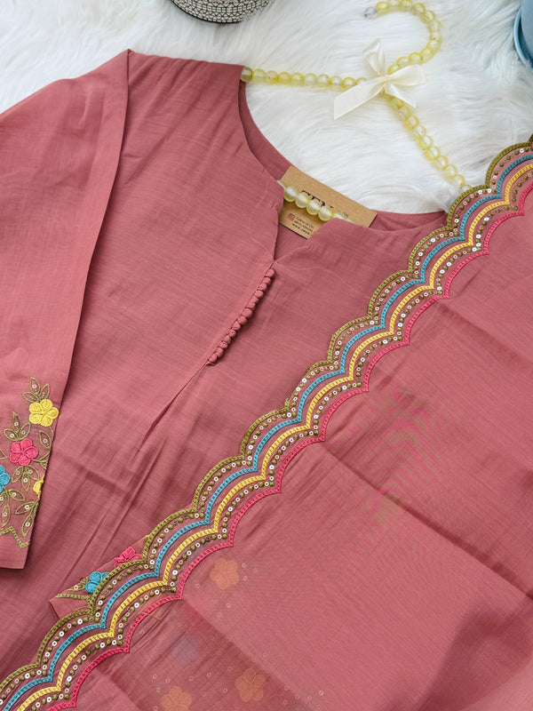 ✨ Mul Chanderi Embroidered A-Line Kurti Set ✨