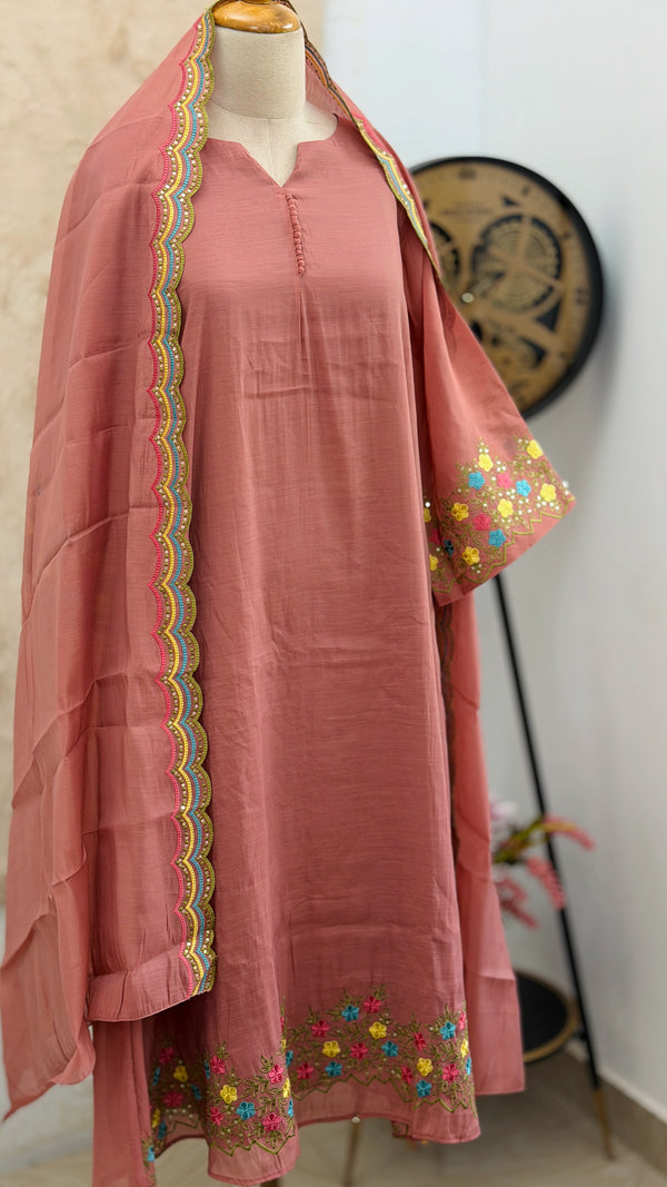 ✨ Mul Chanderi Embroidered A-Line Kurti Set ✨