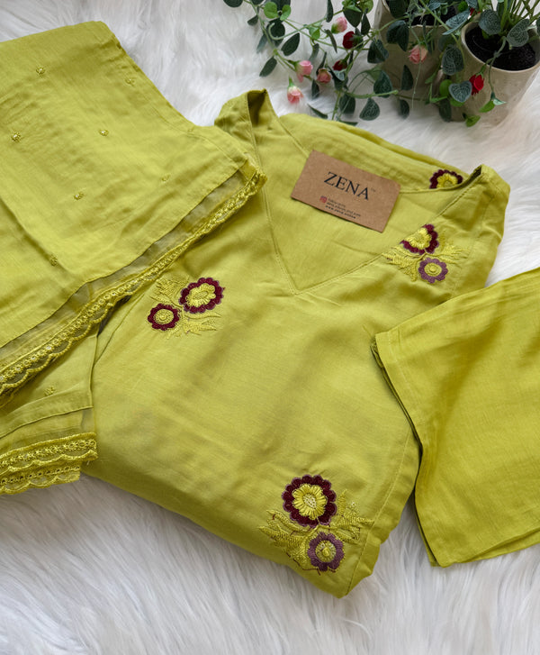 ✨ Mul Chanderi Embroidered A-Line Kurti Set ✨