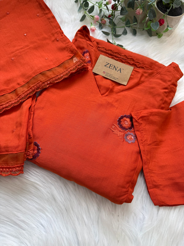 ✨ Mul Chanderi Embroidered A-Line Kurti Set ✨