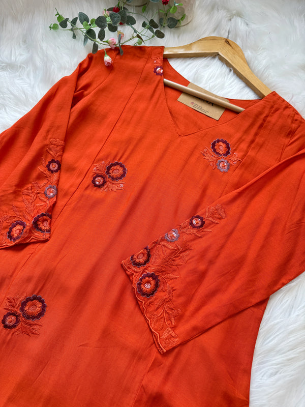 ✨ Mul Chanderi Embroidered A-Line Kurti Set ✨