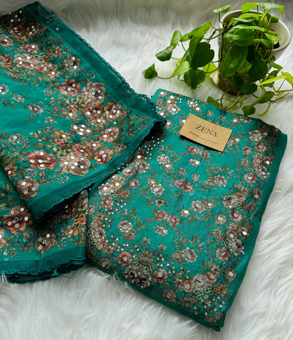 Unstitched Organza Digital Printed Suit with Original Mirror Work – Festive Beauty