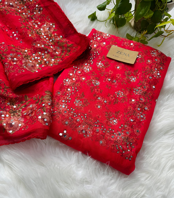 Unstitched Organza Digital Printed Suit with Original Mirror Work – Festive Beauty