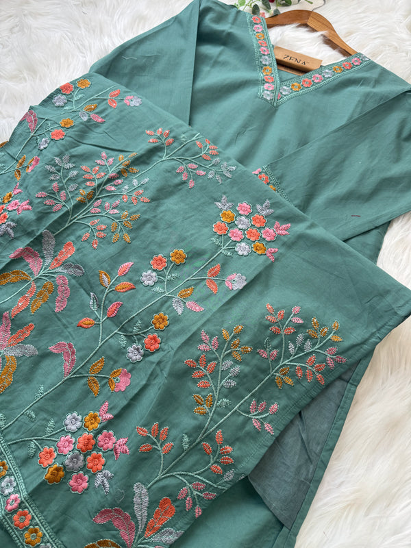 ✨ Cotton Embroidered V-Neck Kurti Set ✨