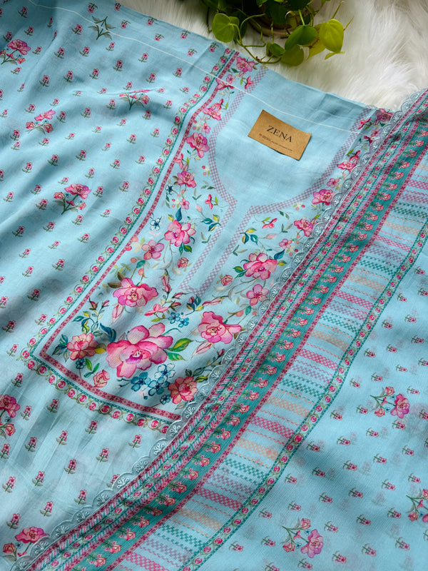Pure Muslin Digital Printed Suit with Pure Chinnon Digital Printed Organza Border Dupatta