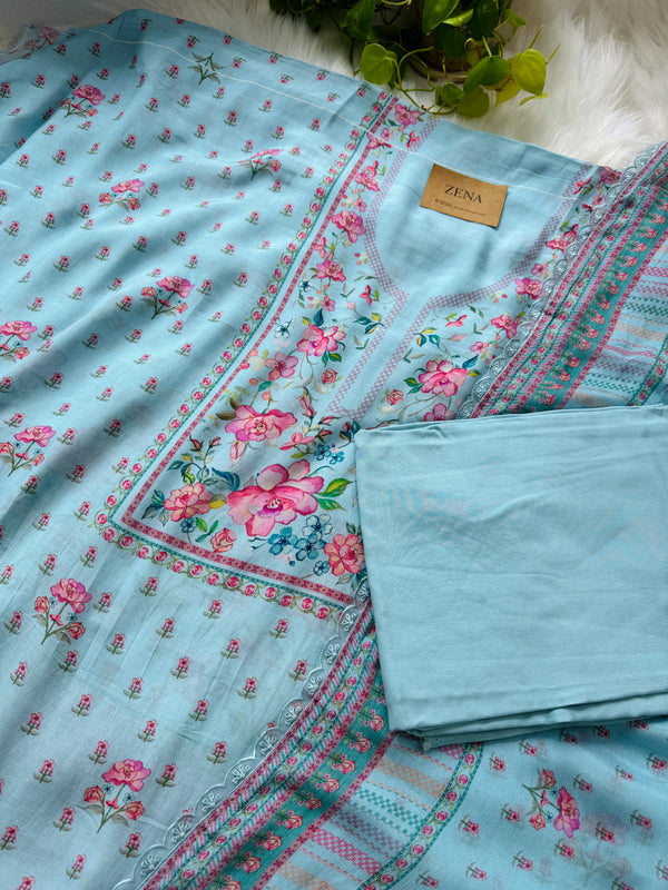 Pure Muslin Digital Printed Suit with Pure Chinnon Digital Printed Organza Border Dupatta