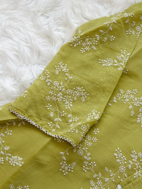 ✨ Glass Chanderi Embroidered A-Line Kurti Set ✨