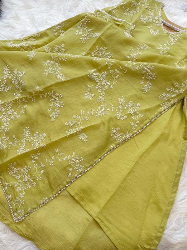 ✨ Glass Chanderi Embroidered A-Line Kurti Set ✨