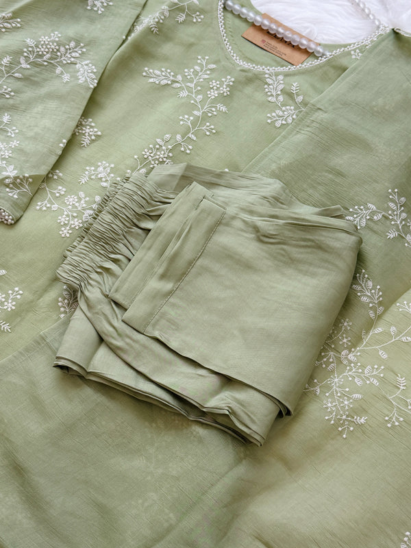 ✨ Glass Chanderi Embroidered A-Line Kurti Set ✨