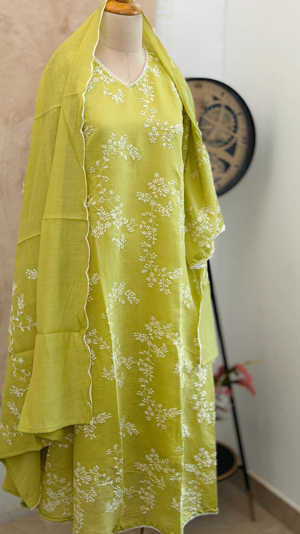 ✨ Glass Chanderi Embroidered A-Line Kurti Set ✨