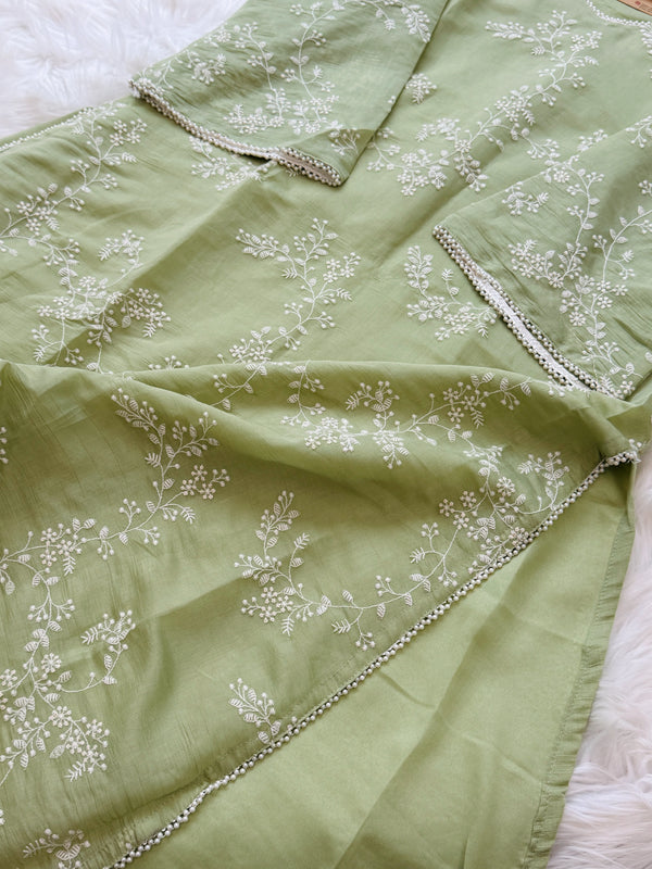 ✨ Glass Chanderi Embroidered A-Line Kurti Set ✨