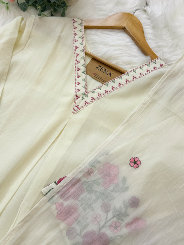 ✨ Pure Cotton V-Neck Embroidered Kurti Set ✨