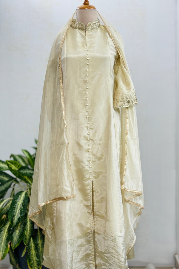 Tissue Silk Hand Detailed Kurti Set with Organza Dupatta – Celebrate in Graceful Luxury