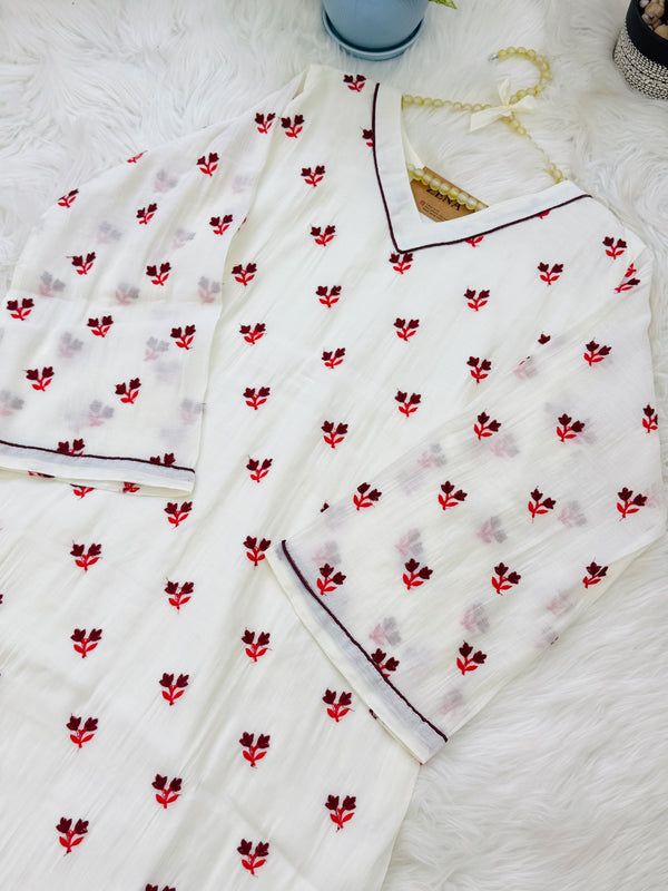 ✨ Mul Chanderi Embroidered A-Line Kurti Set ✨