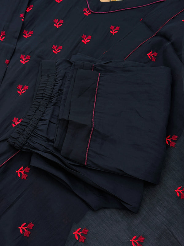 ✨ Mul Chanderi Embroidered A-Line Kurti Set ✨