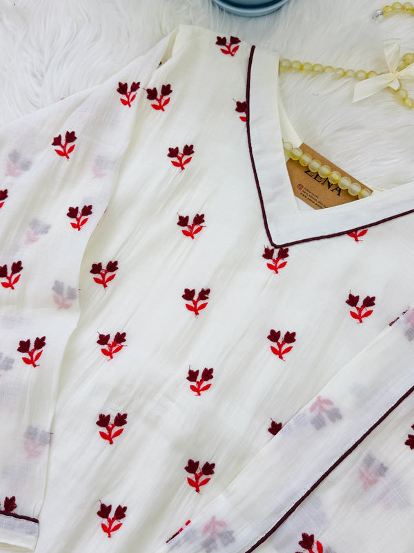 ✨ Mul Chanderi Embroidered A-Line Kurti Set ✨