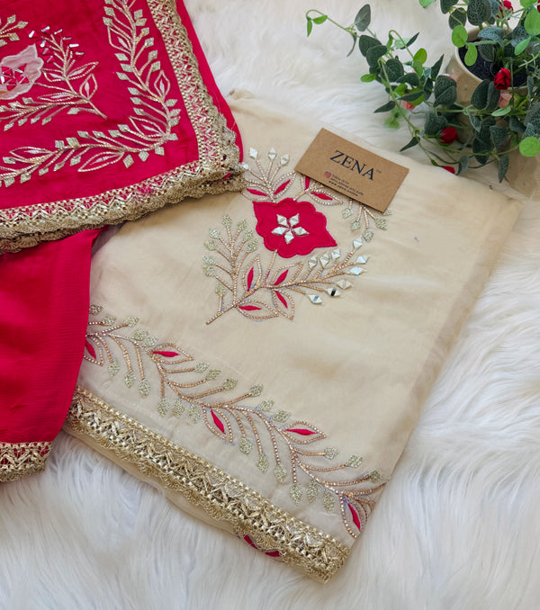 💕 Premium Crepe Hand-Detailed Unstitched Partywear Suit 💕